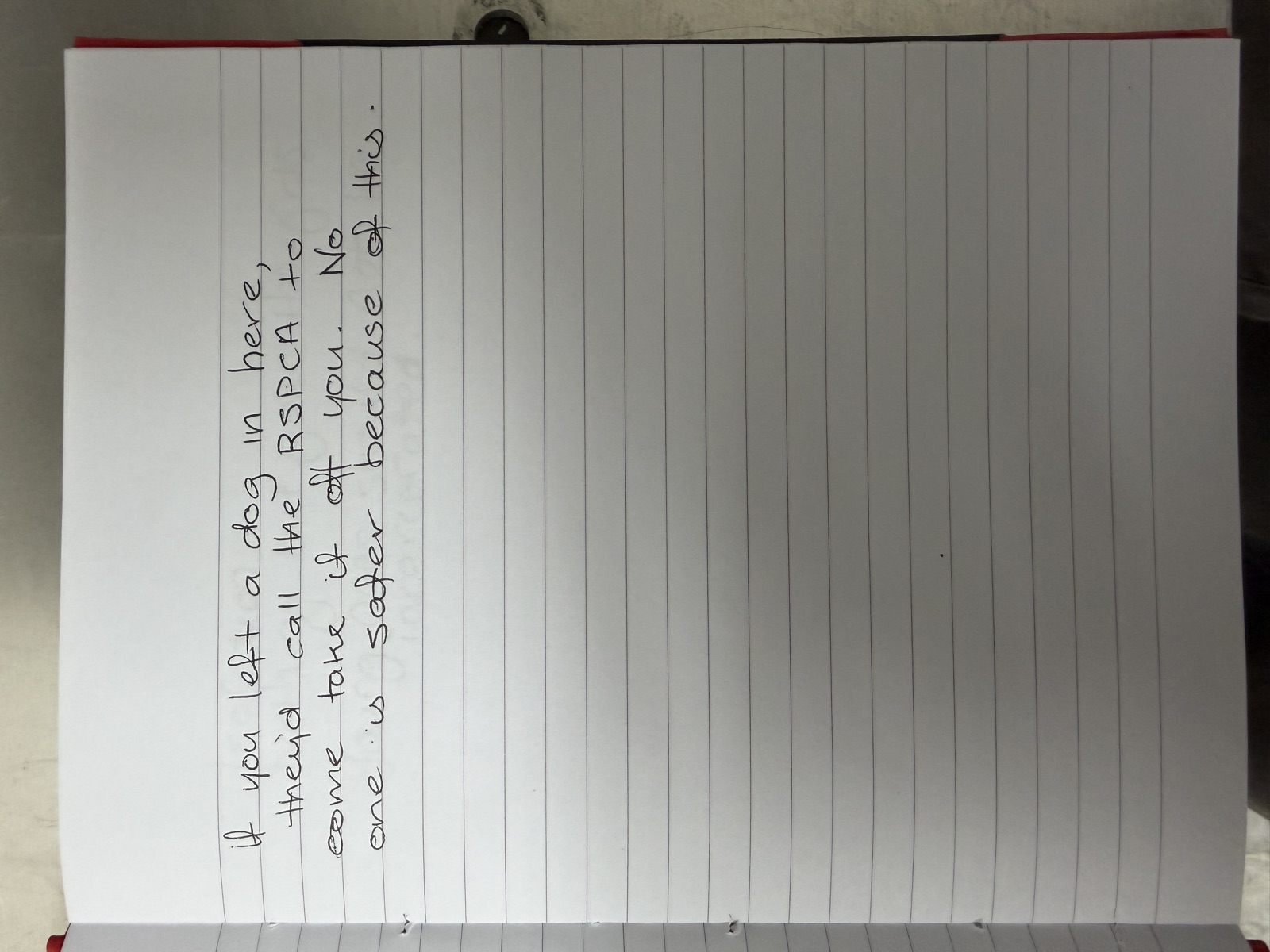 Handwritten reflection: "If you left a dog in here, they'd call the RSPCA to come take it off you. No one is safer because of this."
