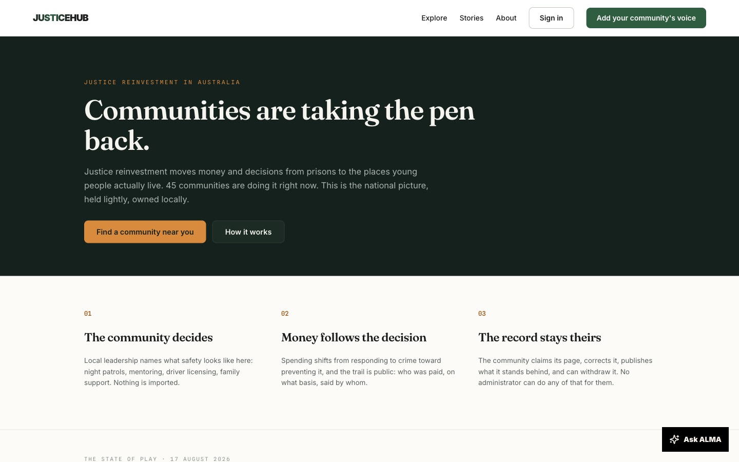 JusticeHub justice reinvestment page: Communities are taking the pen back, describing 45 communities moving money and decisions from prisons to the places young people live