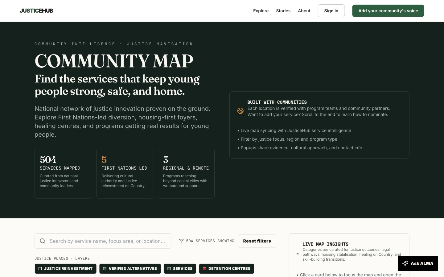 JusticeHub community map page: Find the services that keep young people strong, safe, and home, with 504 services mapped in layers for justice reinvestment, documented alternatives, services and detention centres