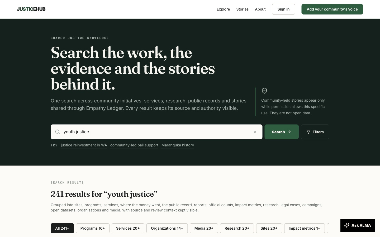 JusticeHub search page: Search the work, the evidence and the stories behind it, showing 241 results for youth justice grouped into programs, services, organisations, media and research
